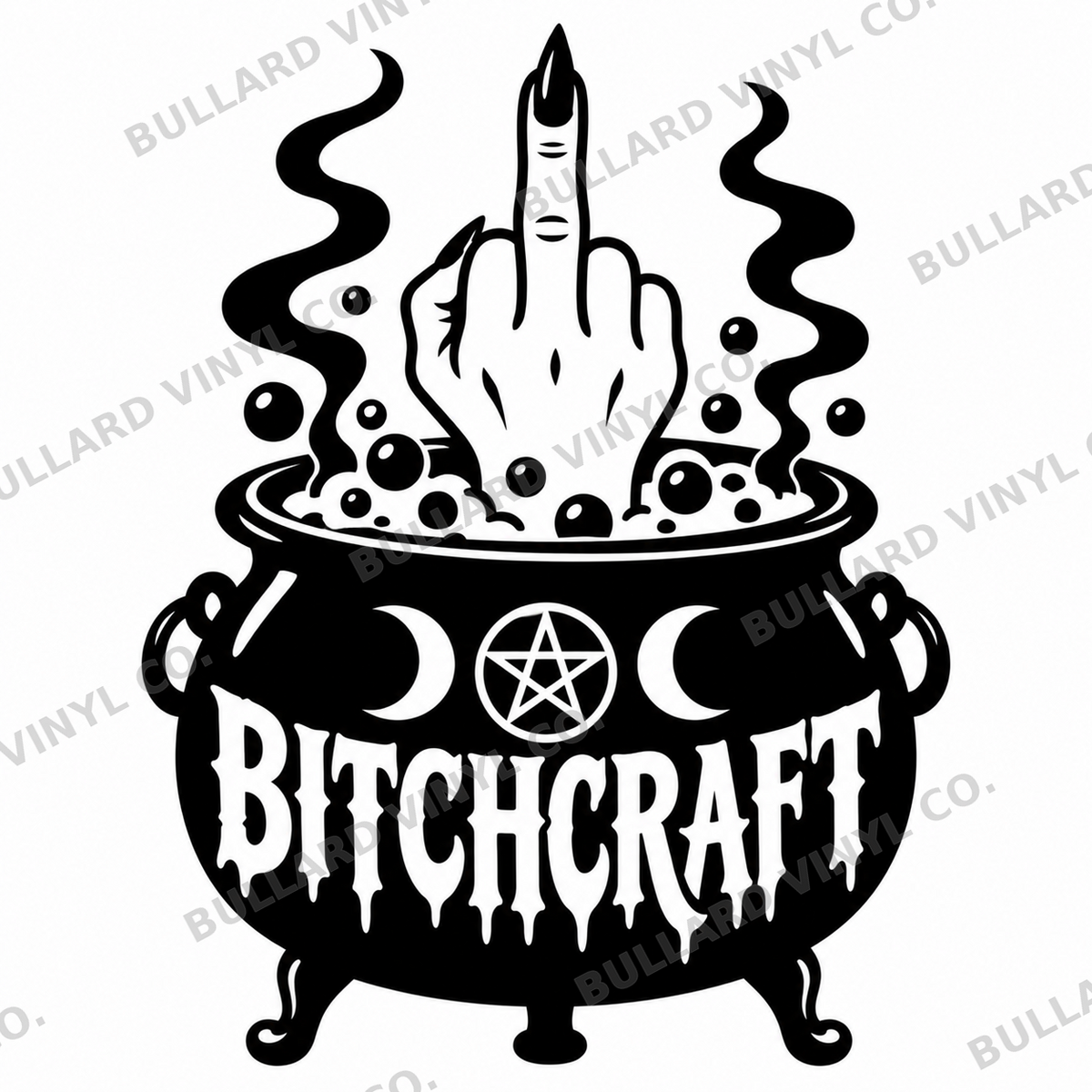 BITCHCRAFT black-on-white witch's cauldron decal preview with a raised middle finger; Bullard Vinyl Co. watermarked product preview.