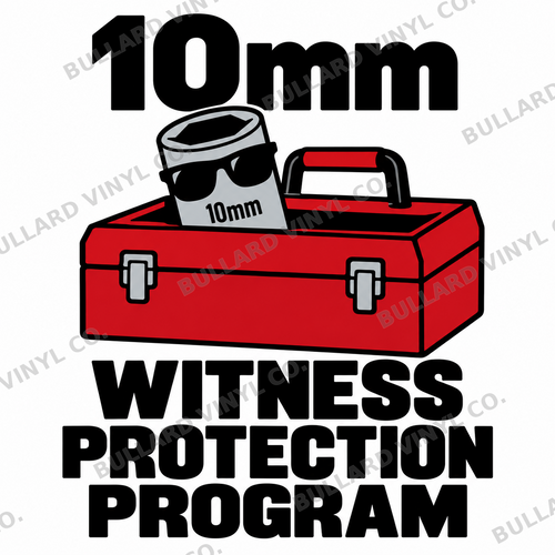 10mm Witness Protection Program three-color vinyl decal: a silver socket wearing sunglasses behind a red toolbox, with black lettering on a white preview background.; Bullard Vinyl Co. watermarked product preview.