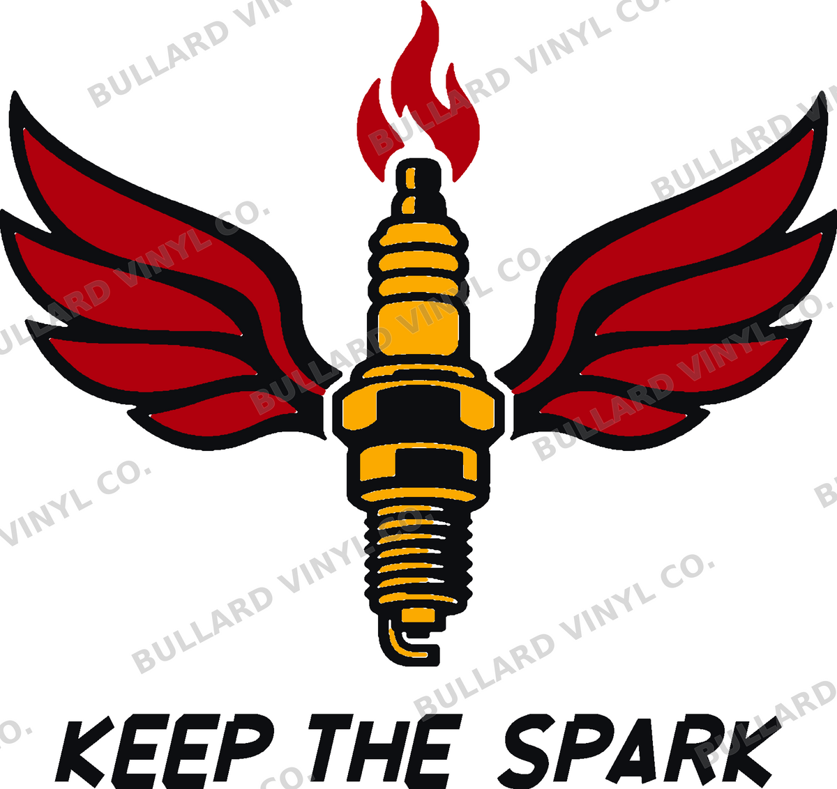 Winged Spark three-color vinyl decal original composite: Black, Red, Golden Yellow; Bullard Vinyl Co. watermarked product preview.