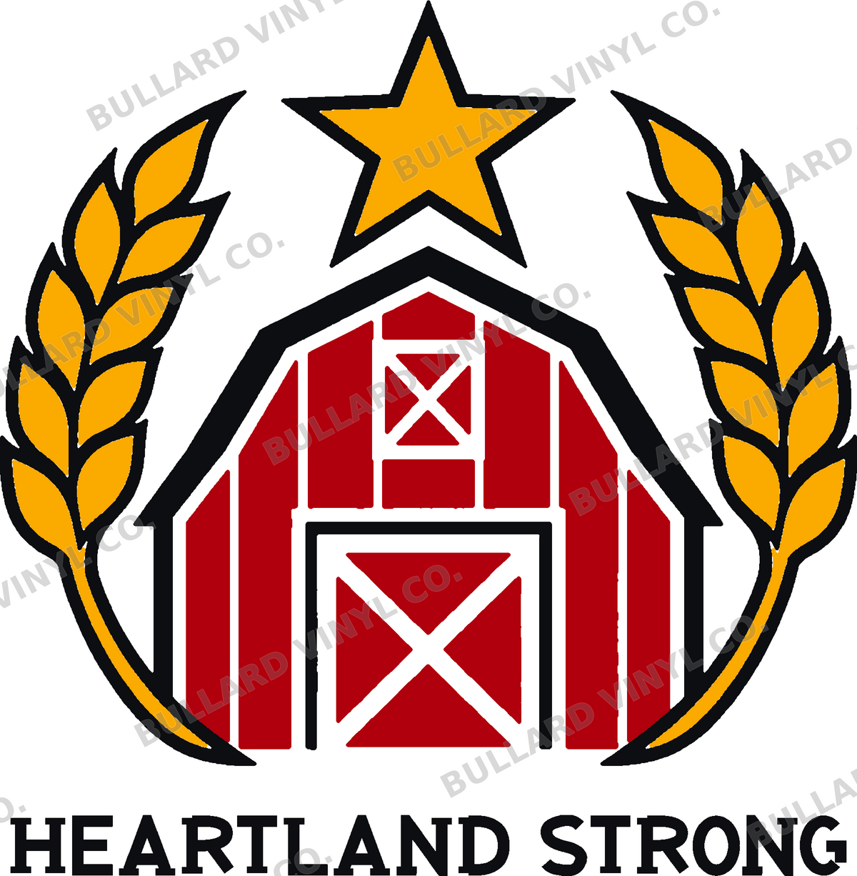 Heartland Harvest three-color vinyl decal original composite: Black, Red, Golden Yellow; Bullard Vinyl Co. watermarked product preview.