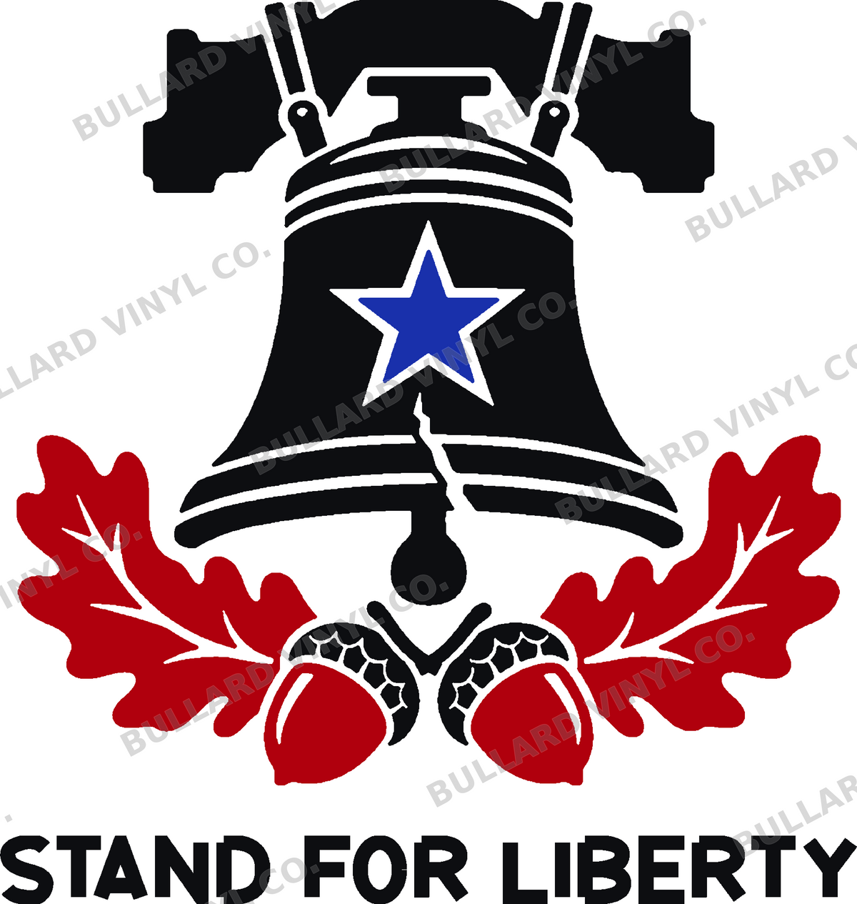 Liberty Bell Oak three-color vinyl decal original composite: Black, Red, Brilliant Blue; Bullard Vinyl Co. watermarked product preview.
