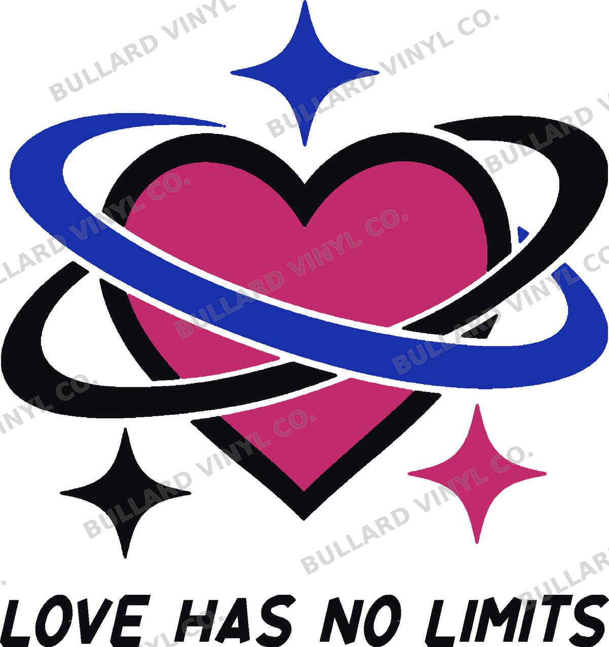 Pride Orbit three-color vinyl decal original composite: Black, Pink, Brilliant Blue; Bullard Vinyl Co. watermarked product preview.