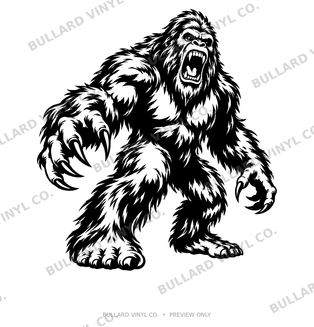 Raging Bigfoot roaring with claws out, black vinyl decal artwork shown on white preview background; Bullard Vinyl Co. watermarked product preview.