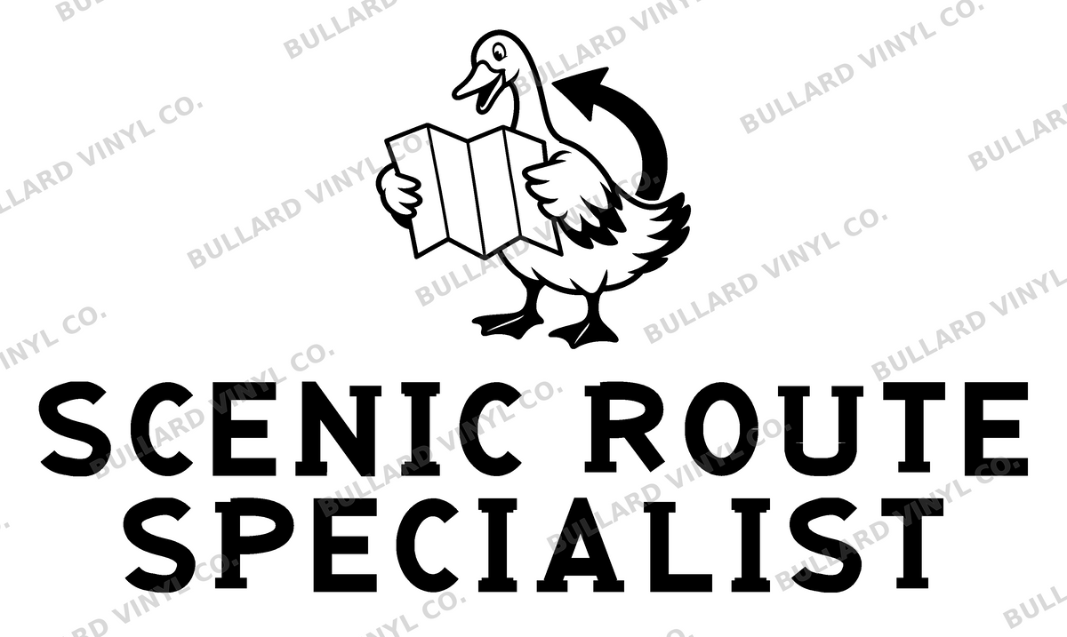 Scenic Route Specialist original single-color production artwork using Bullard Roadhouse lettering; Bullard Vinyl Co. watermarked product preview.