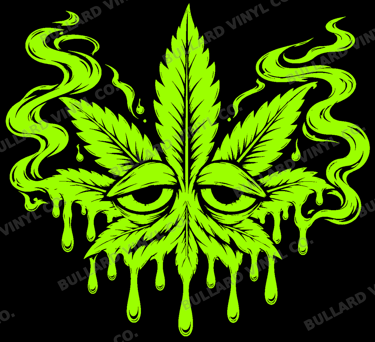 High Leaf lime-green vinyl decal preview on black — melted cannabis leaf with droopy eyes, smoke and dripping edges; Bullard Vinyl Co. watermarked product preview.
