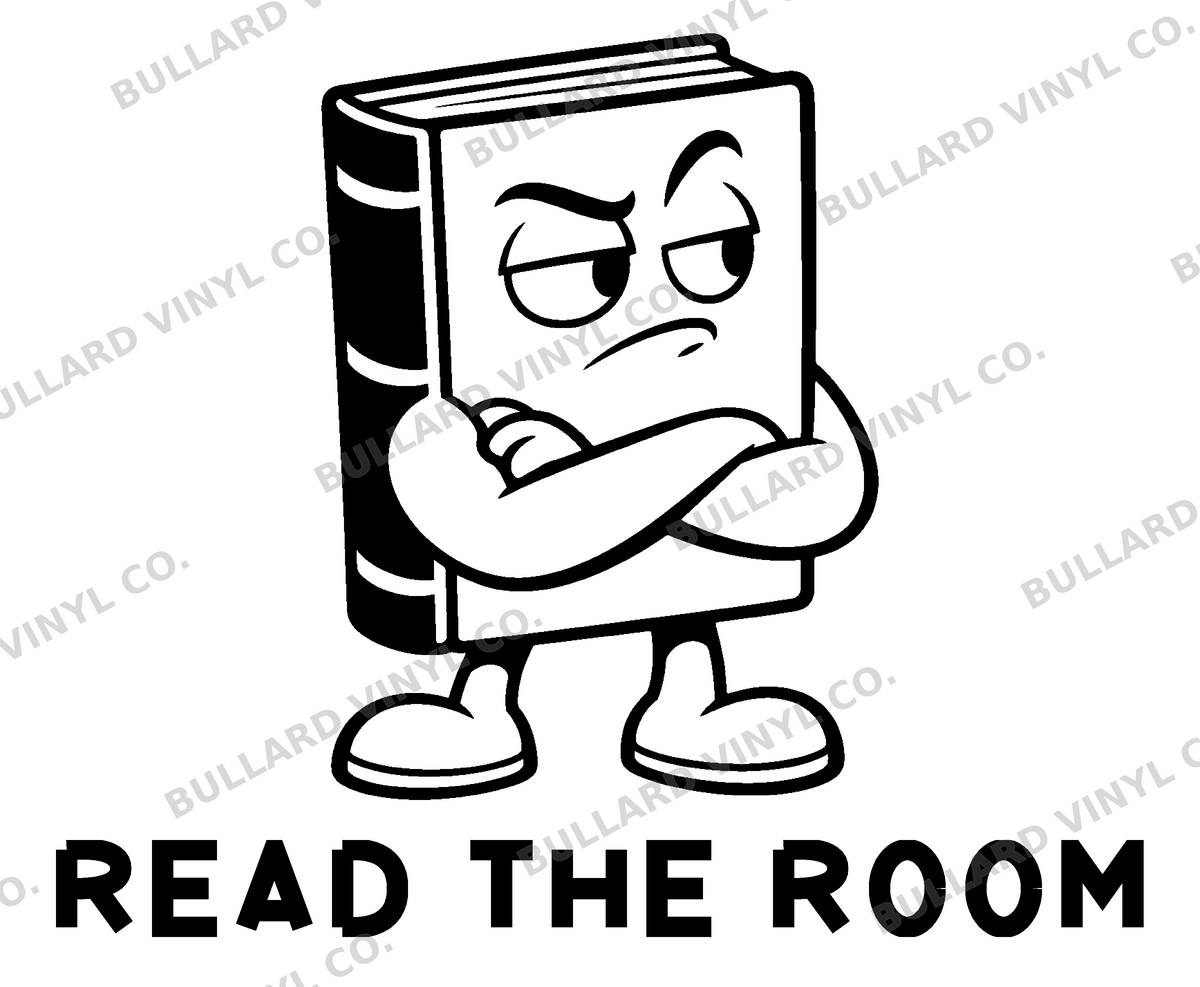 Read the Room — exact original black-on-white production artwork for tracing; Bullard Iron lettering; Bullard Vinyl Co. watermarked product preview.