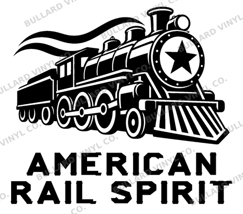 American Rail Spirit — exact original black-on-white production artwork for tracing; Bullard Warforge lettering; Bullard Vinyl Co. watermarked product preview.