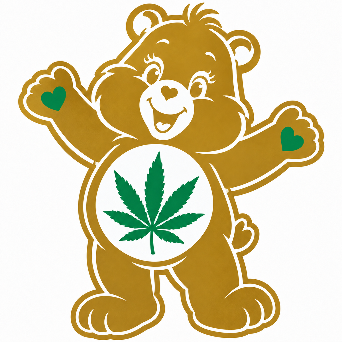 Gold bear with green heart paws and green cannabis leaf belly