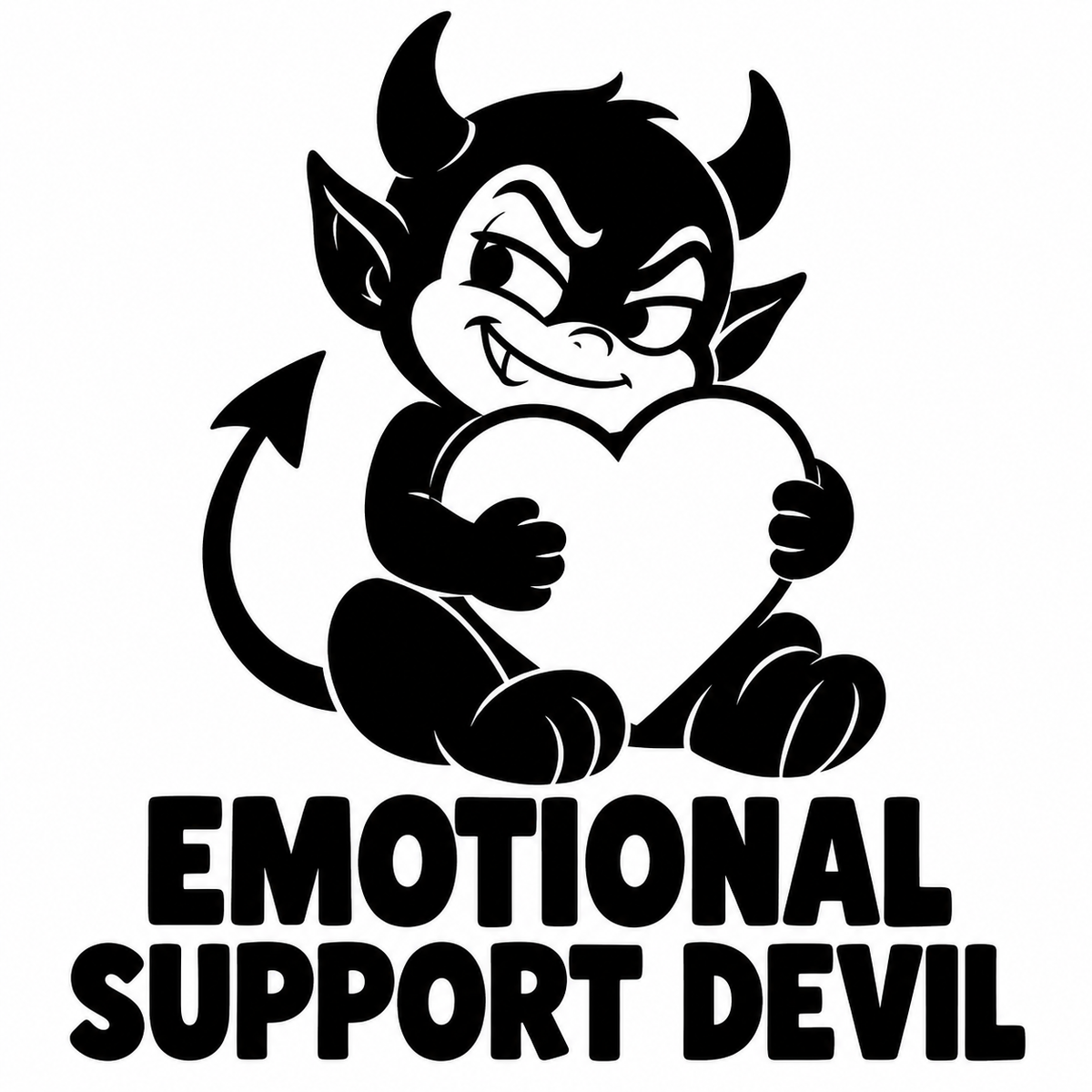 Smug cartoon devil hugging a heart with Emotional Support Devil lettering
