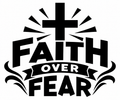 Faith Over Fear cross with rays, arched lettering, ribbon and decorative flourishes