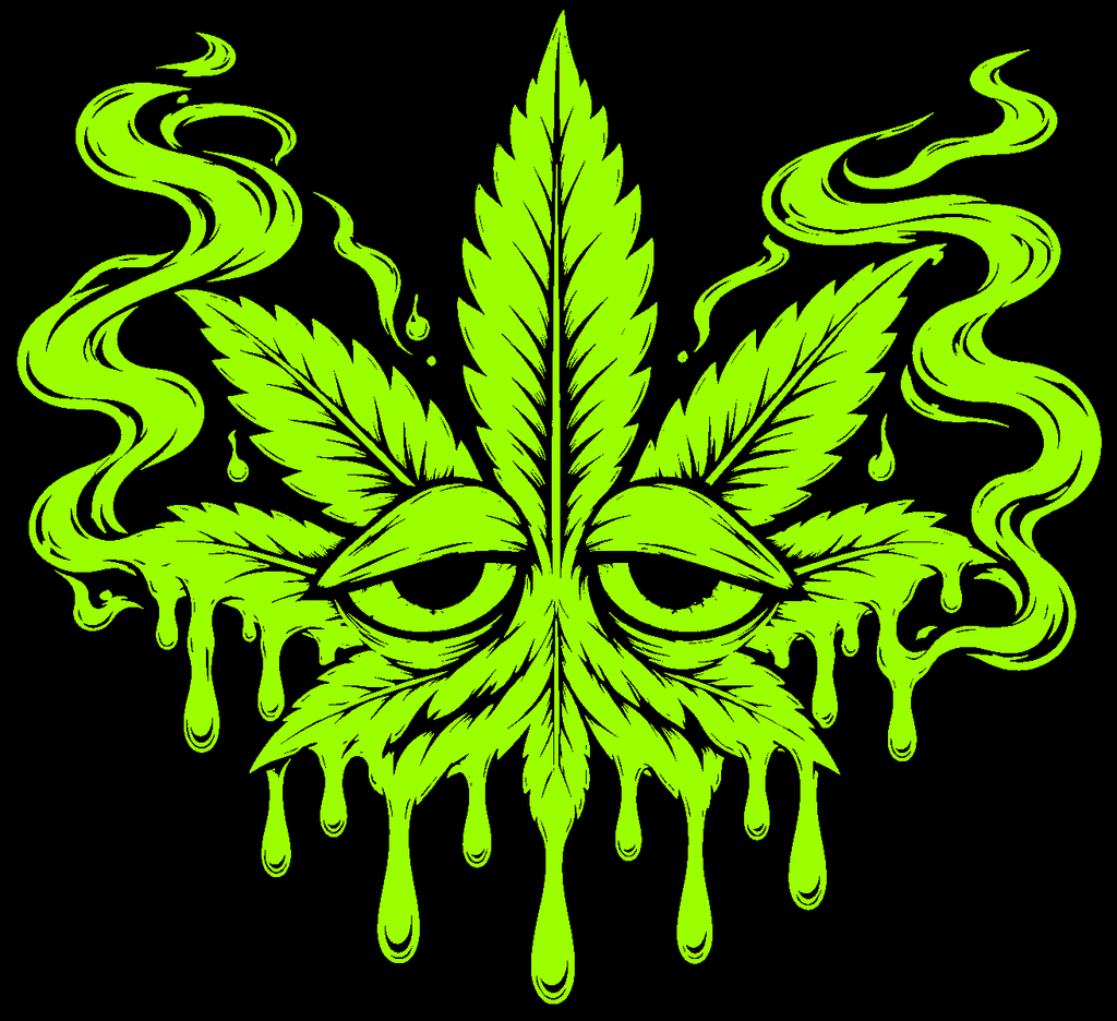 High Leaf lime-green vinyl decal preview on black — melted cannabis leaf with droopy eyes, smoke and dripping edges