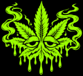 High Leaf lime-green vinyl decal preview on black — melted cannabis leaf with droopy eyes, smoke and dripping edges