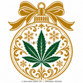 Merry Kushmas two-color Christmas ornament vinyl decal in gold and forest green with ornate bow, snowflakes and central cannabis leaf