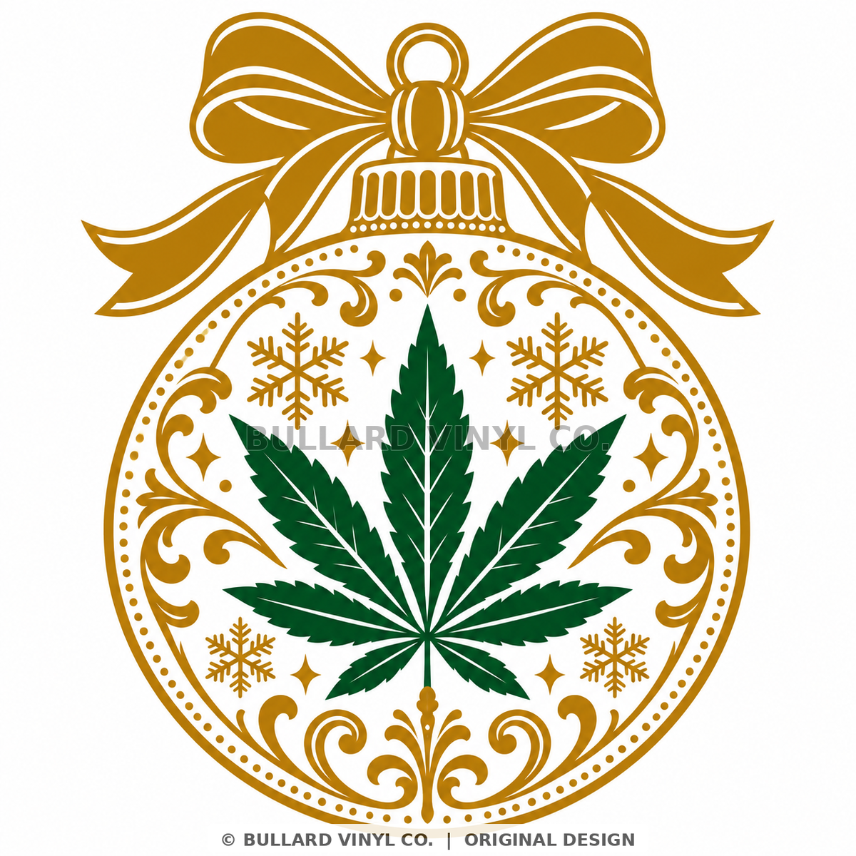 Merry Kushmas two-color Christmas ornament vinyl decal in gold and forest green with ornate bow, snowflakes and central cannabis leaf