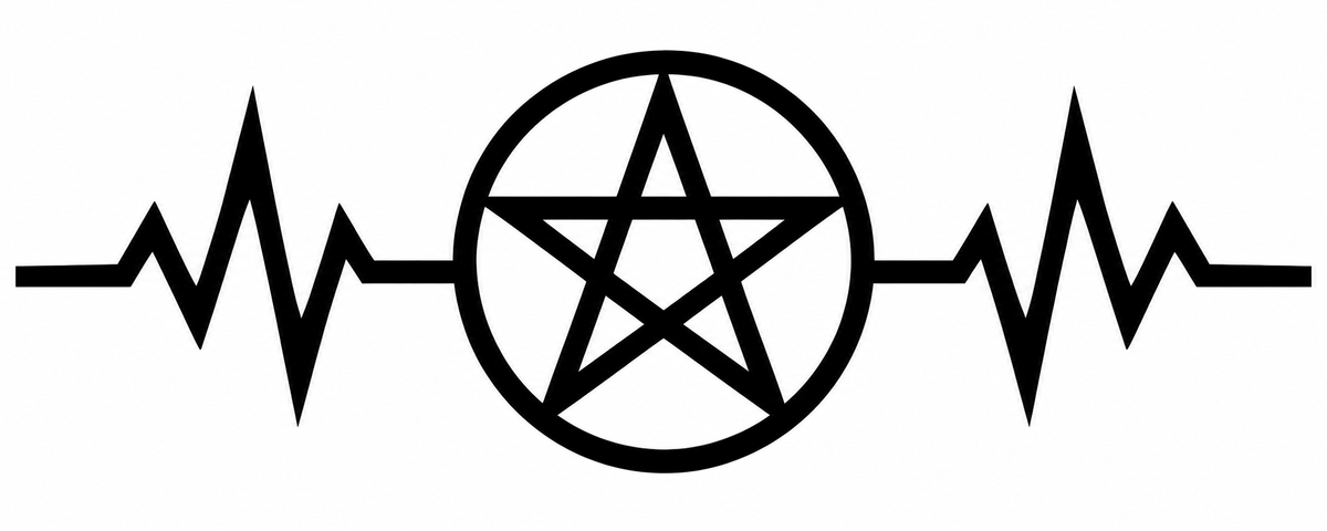 Upright pentagram in a circle between heartbeat lines