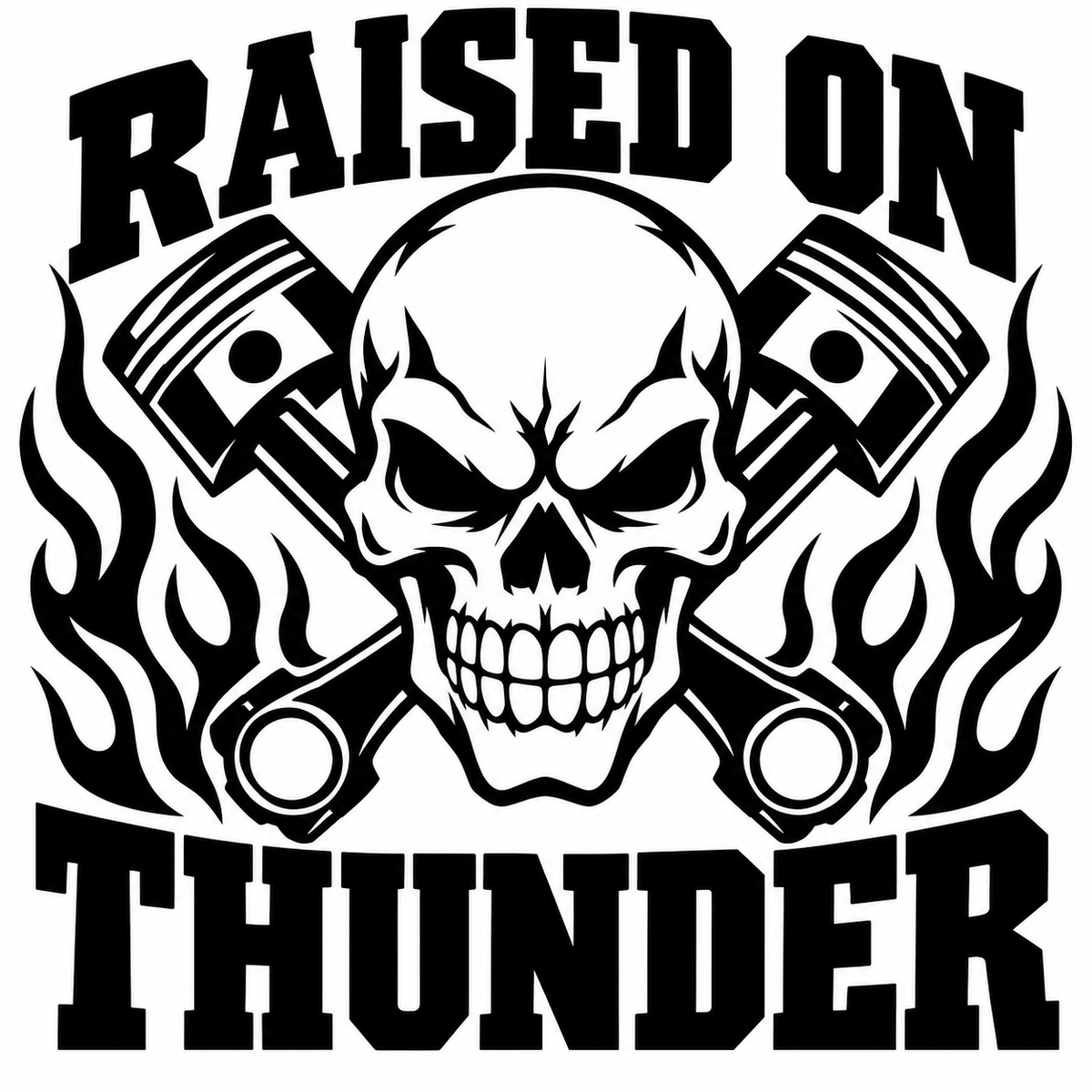 Raised on Thunder skull and crossed pistons vinyl decal