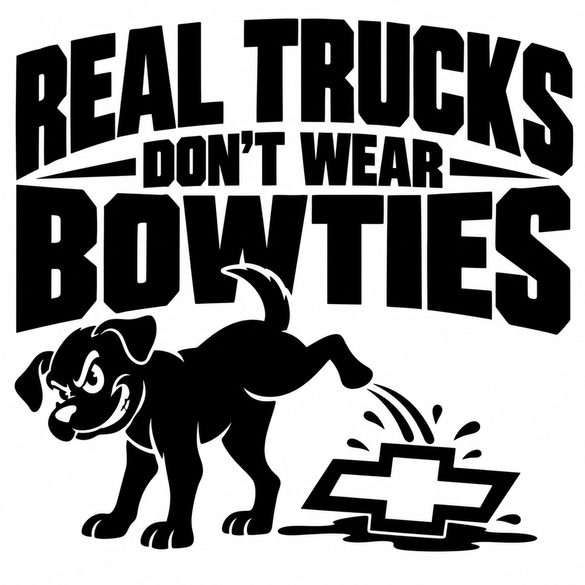 Real Trucks Don't Wear Bowties decal featuring dog lifting its leg over a bowtie-shaped badge