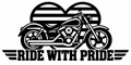 Ride With Pride single-color motorcycle vinyl decal with a striped pride heart