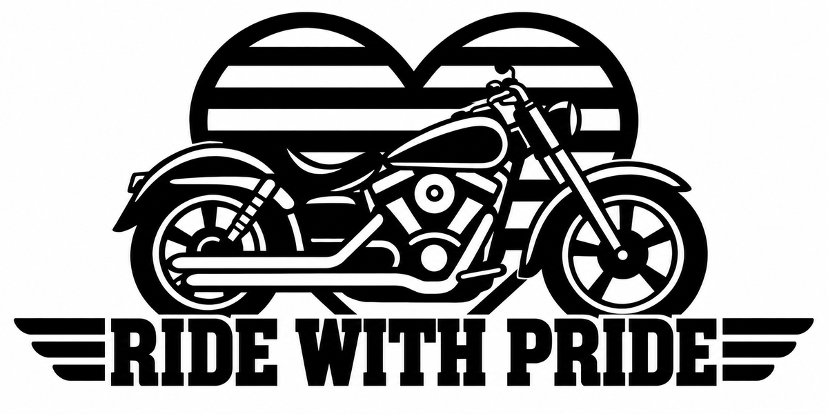 Ride With Pride single-color motorcycle vinyl decal with a striped pride heart
