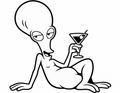 Black line artwork of a relaxed alien holding a martini glass