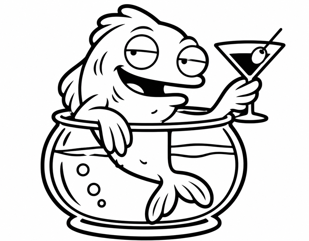 Black line artwork of a smug goldfish in a bowl holding a martini