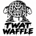 TWAT WAFFLE angry waffle dripping syrup with clenched fists and boots, black-on-white decal preview